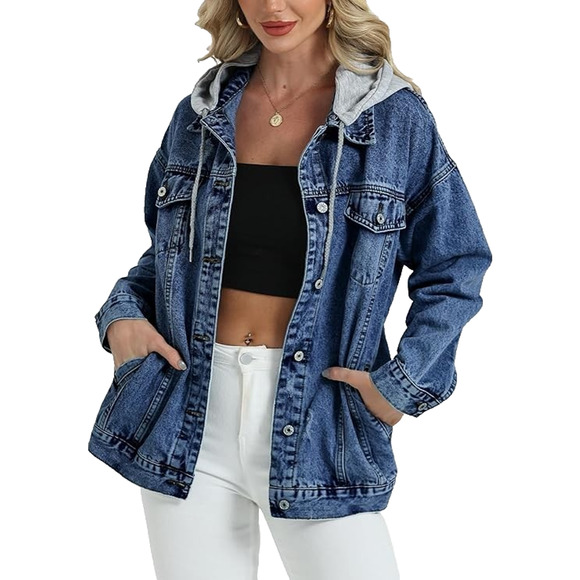 Womens Oversized Dark Denim Distressed Trucker Retro Grunge Hooded Jacket XXL - Picture 1 of 8